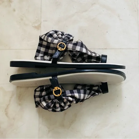 $248 Tory Burch Selby Black/White Plaid Gingham Scarf Leather Flats Sandals 6.5