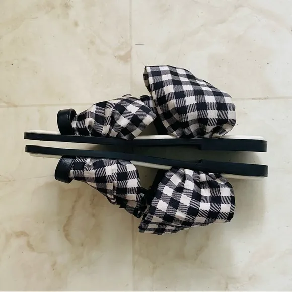 $248 Tory Burch Selby Black/White Plaid Gingham Scarf Leather Flats Sandals 6.5