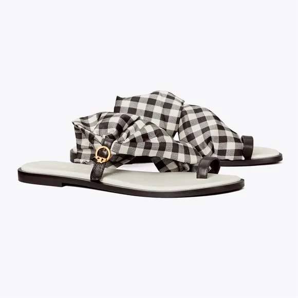 $248 Tory Burch Selby Black/White Plaid Gingham Scarf Leather Flats Sandals 6.5