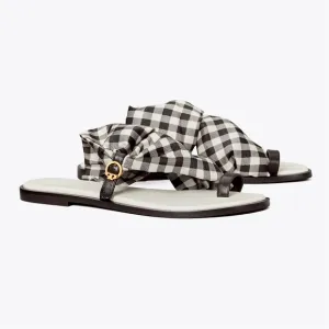 $248 Tory Burch Selby Black/White Plaid Gingham Scarf Leather Flats Sandals 6.5