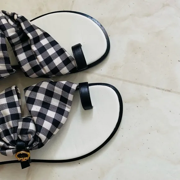 $248 Tory Burch Selby Black/White Plaid Gingham Scarf Leather Flats Sandals 6.5