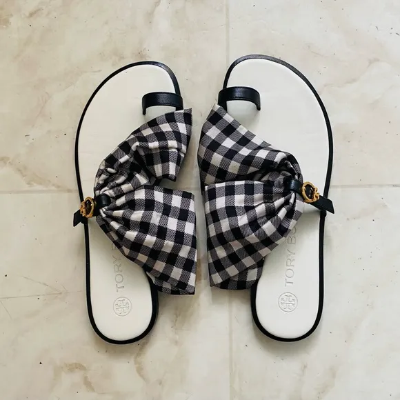 $248 Tory Burch Selby Black/White Plaid Gingham Scarf Leather Flats Sandals 6.5