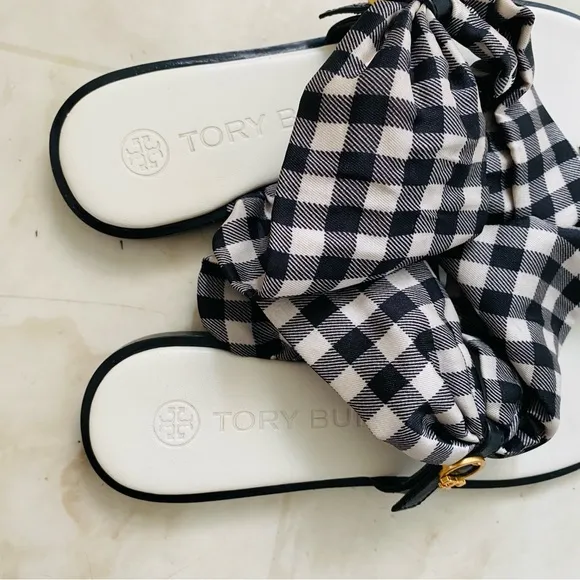 $248 Tory Burch Selby Black/White Plaid Gingham Scarf Leather Flats Sandals 6.5