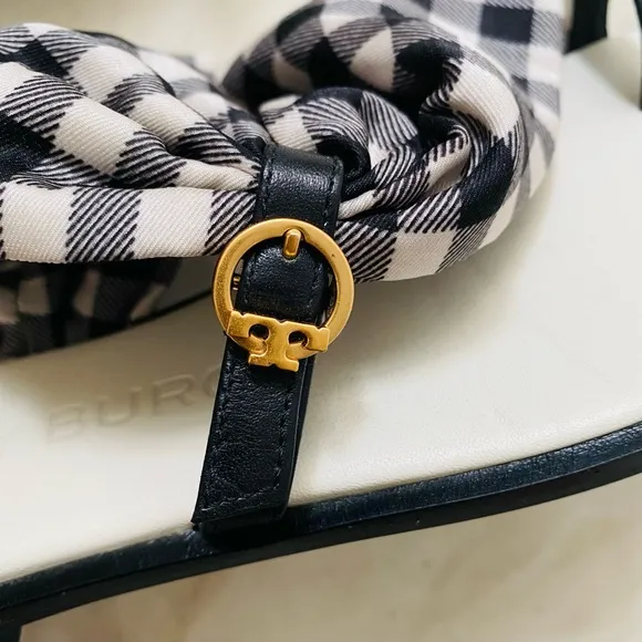 $248 Tory Burch Selby Black/White Plaid Gingham Scarf Leather Flats Sandals 6.5