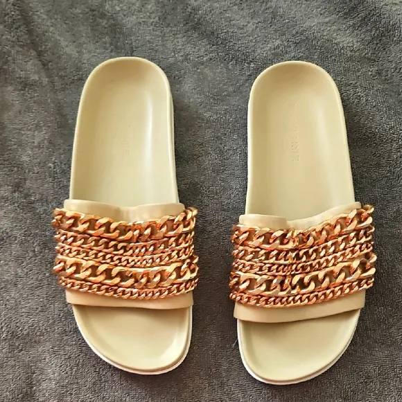 9.5 Kendall Kylie Sandal Shiloh Ivory Chain Embellished Beige Leather Slides