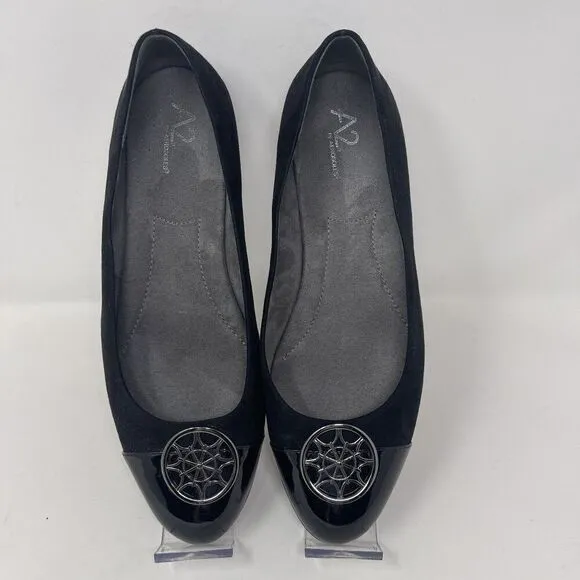 A2 By Aerosoles Women's Trend Book Black Flats Size 10M Decorative Metal Accent