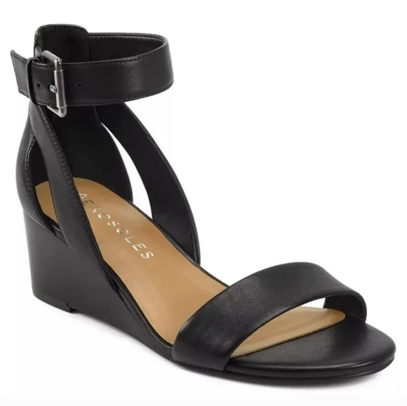Aerosoles Black Wedge Heel Sandal Buckle Ankle Strap Women's Size 10 Windmill