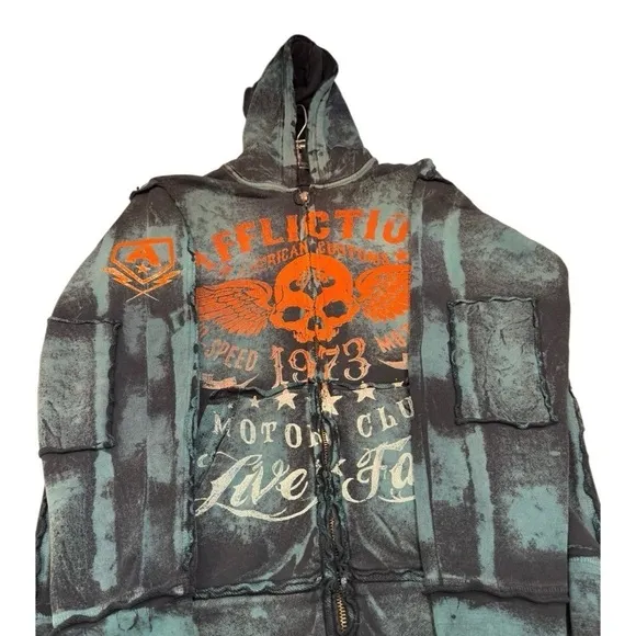 Affliction Men’s Large Zip-Up Jacket - Thick &amp; Warm with Bold Skull Graphic