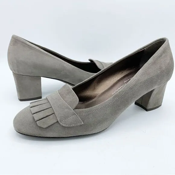 AGL • Gray Suede Heeled Kilty Fringed Loafers