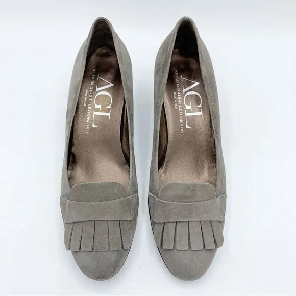 AGL • Gray Suede Heeled Kilty Fringed Loafers