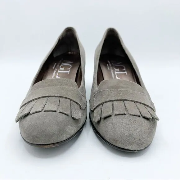 AGL • Gray Suede Heeled Kilty Fringed Loafers