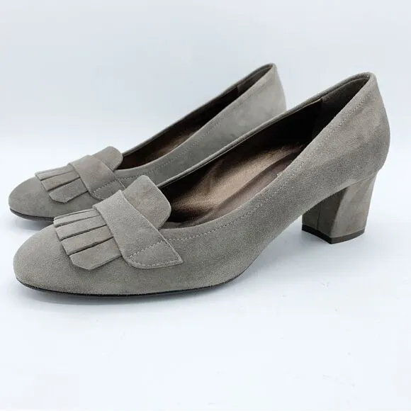 AGL • Gray Suede Heeled Kilty Fringed Loafers