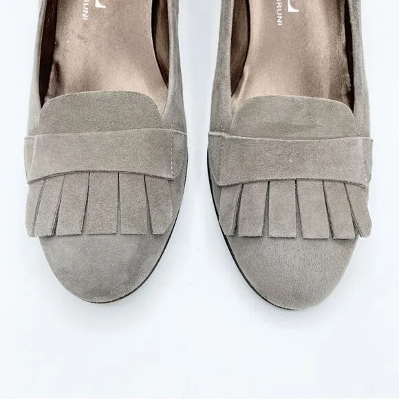 AGL • Gray Suede Heeled Kilty Fringed Loafers
