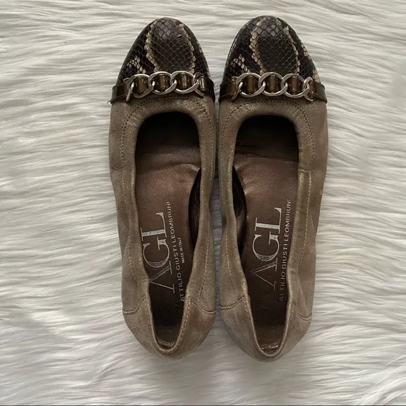 AGL Metallic Snakeskin Cap Toe Flats 39.5 Silver Chain