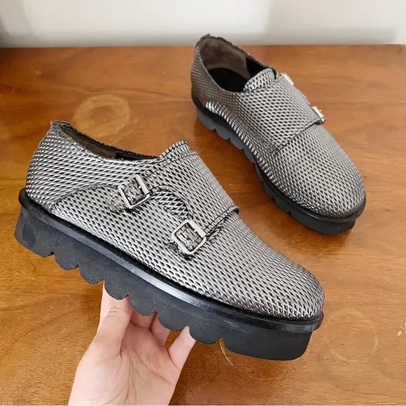 AGL • Netty Shoe platform loafer slip on chunky monk strap buckle metallic