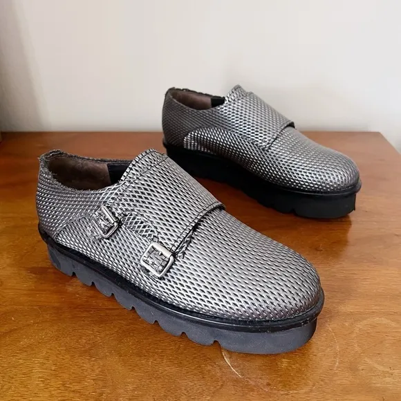 AGL • Netty Shoe platform loafer slip on chunky monk strap buckle metallic