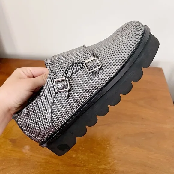 AGL • Netty Shoe platform loafer slip on chunky monk strap buckle metallic