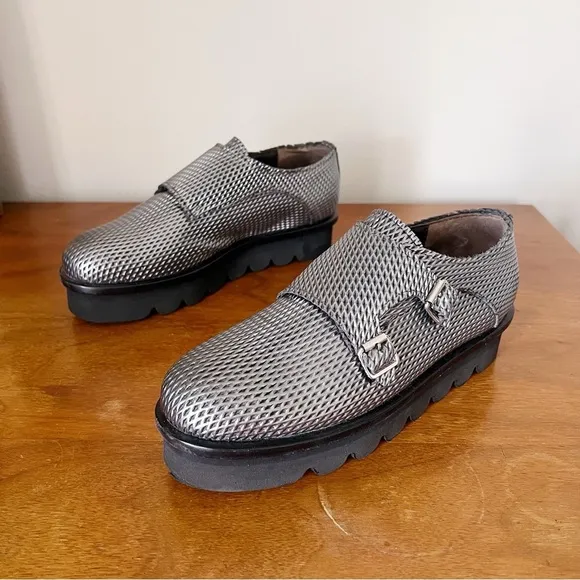 AGL • Netty Shoe platform loafer slip on chunky monk strap buckle metallic