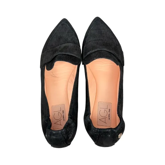 AGL Voila Black Pointed Toe Textured Suede Loafers Preppy Made In Italy