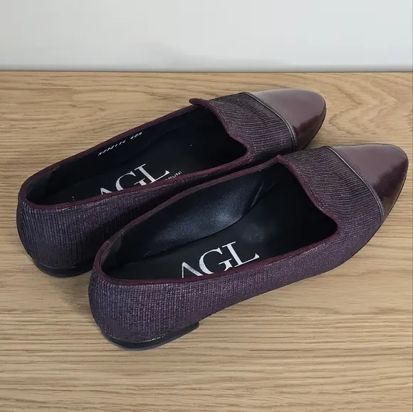 AGL Women's Burgundy Maroon Almond Toe Leather Loafer Size 10.5