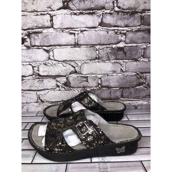 Alegria PEG 780 Black Silver Mosaic Leather Platform Slides Comfort Sandals 41EU