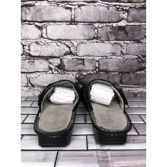 Alegria PEG 780 Black Silver Mosaic Leather Platform Slides Comfort Sandals 41EU