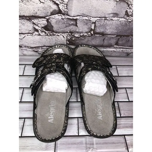 Alegria PEG 780 Black Silver Mosaic Leather Platform Slides Comfort Sandals 41EU