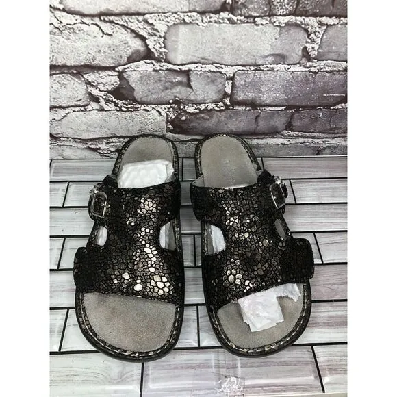 Alegria PEG 780 Black Silver Mosaic Leather Platform Slides Comfort Sandals 41EU