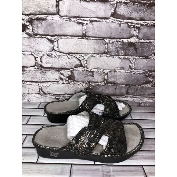 Alegria PEG 780 Black Silver Mosaic Leather Platform Slides Comfort Sandals 41EU