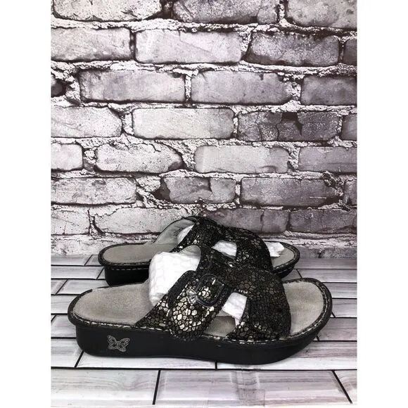Alegria PEG 780 Black Silver Mosaic Leather Platform Slides Comfort Sandals 41EU