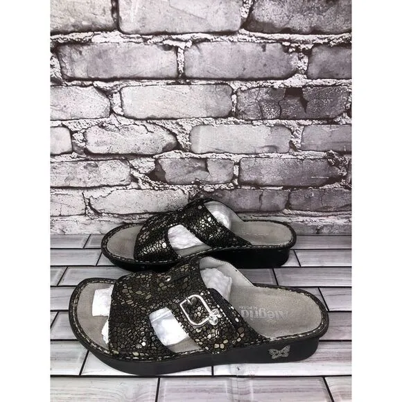 Alegria PEG 780 Black Silver Mosaic Leather Platform Slides Comfort Sandals 41EU