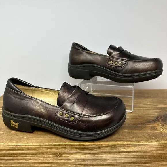 Alegria Taylor Pro Tay-617 Glossy Burgundy Leather Studded Penny Loafers SZ 35