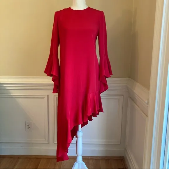 ALEXIS Red Asymmetrical Ruffle Hem and Long Sleeve  Dress