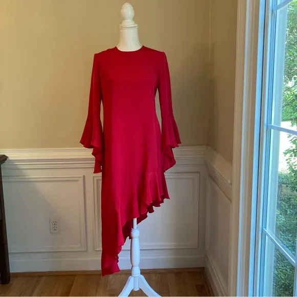 ALEXIS Red Asymmetrical Ruffle Hem and Long Sleeve  Dress