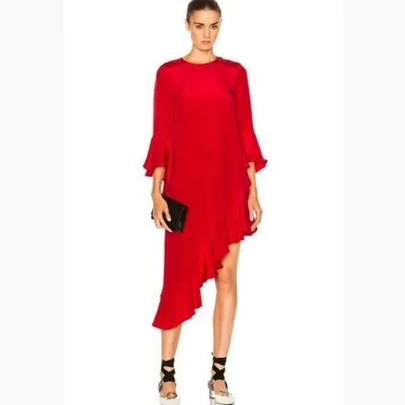 ALEXIS Red Asymmetrical Ruffle Hem and Long Sleeve  Dress