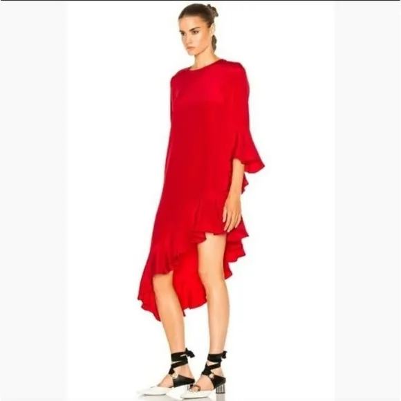 ALEXIS Red Asymmetrical Ruffle Hem and Long Sleeve  Dress