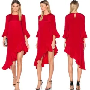 ALEXIS Red Asymmetrical Ruffle Hem and Long Sleeve  Dress