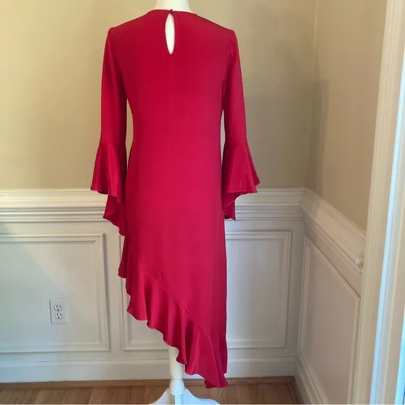 ALEXIS Red Asymmetrical Ruffle Hem and Long Sleeve  Dress