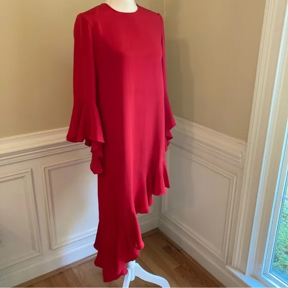 ALEXIS Red Asymmetrical Ruffle Hem and Long Sleeve  Dress