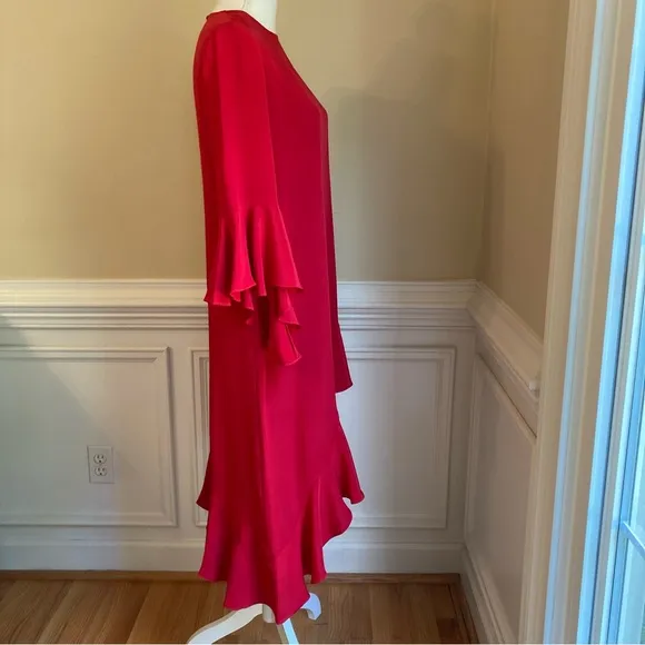 ALEXIS Red Asymmetrical Ruffle Hem and Long Sleeve  Dress