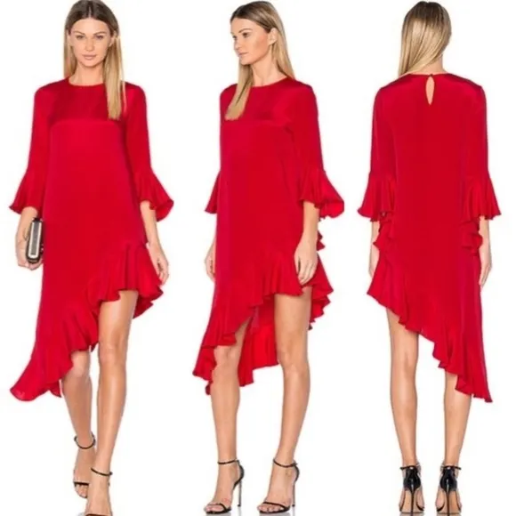 ALEXIS Red Asymmetrical Ruffle Hem and Long Sleeve  Dress