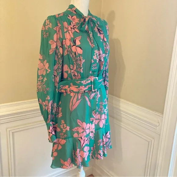 ALEXIS Tisdale Green Pink Floral Long Sleeve Tie Neck Dress