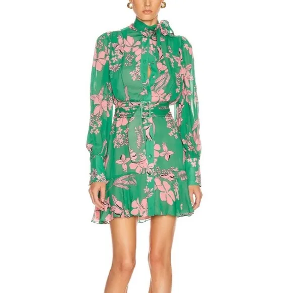 ALEXIS Tisdale Green Pink Floral Long Sleeve Tie Neck Dress