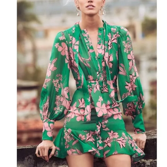 ALEXIS Tisdale Green Pink Floral Long Sleeve Tie Neck Dress