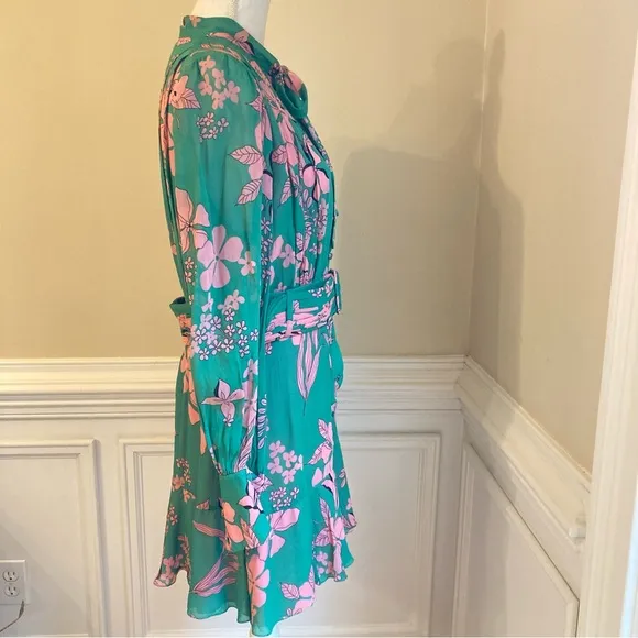 ALEXIS Tisdale Green Pink Floral Long Sleeve Tie Neck Dress