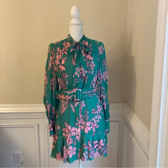 ALEXIS Tisdale Green Pink Floral Long Sleeve Tie Neck Dress