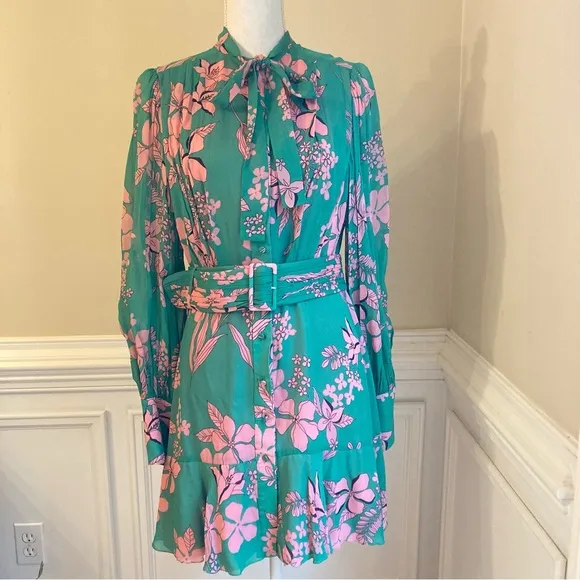 ALEXIS Tisdale Green Pink Floral Long Sleeve Tie Neck Dress