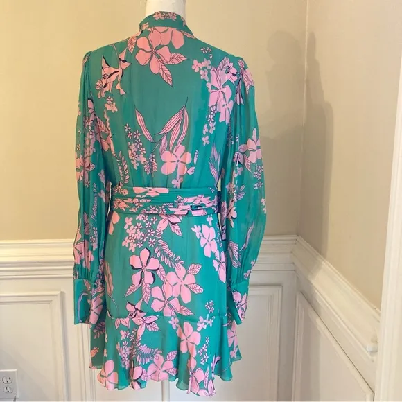 ALEXIS Tisdale Green Pink Floral Long Sleeve Tie Neck Dress