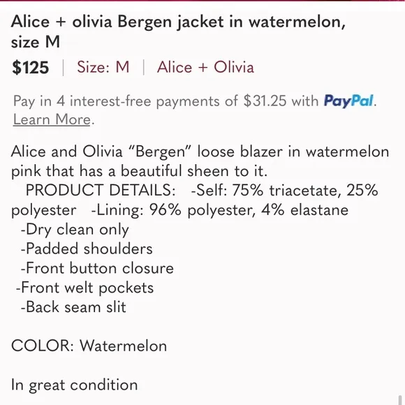 ALICE AND OLIVIA Bergen Watermelon Pink Satin Blazer Jacket NWT
