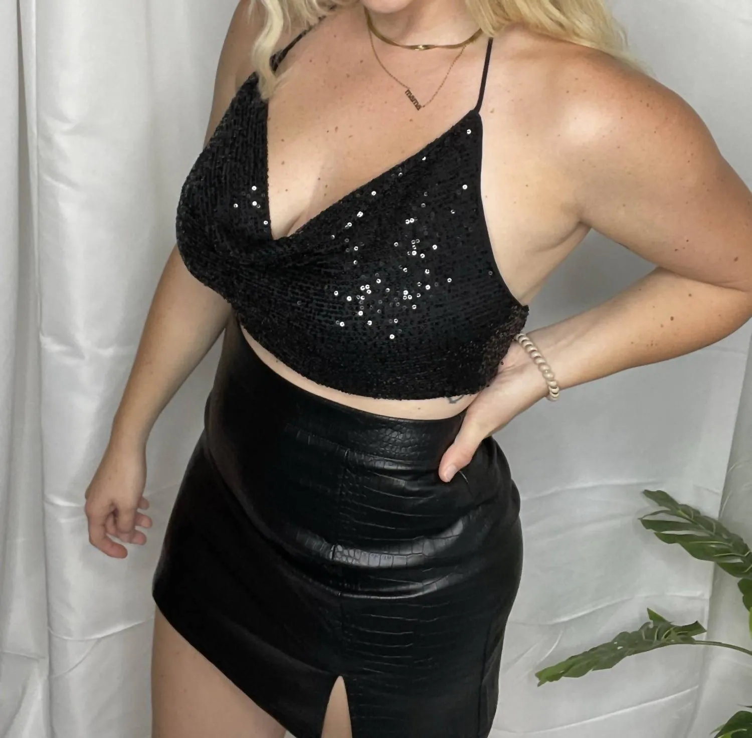 All Night Sequin Tie Top In Black